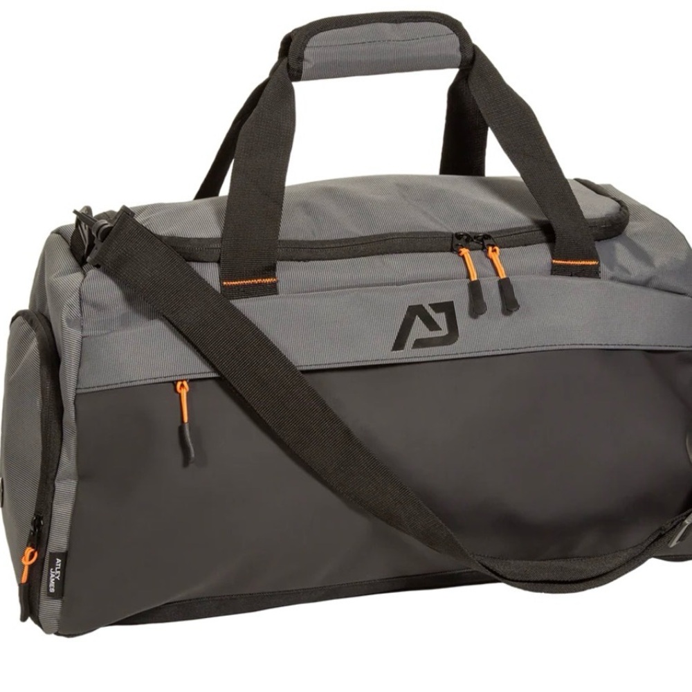 Atley James Spencer Travel Duffel Bag Grey and Black with Orange Accents